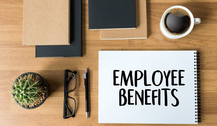 employee benefits book on a wooden desk with glasses succulent coffee and notebooks